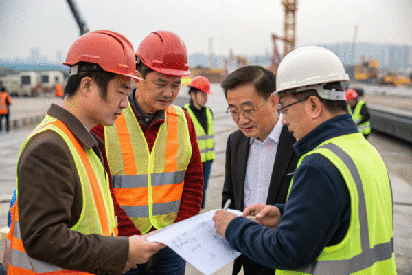 Value-Added Services and Collaboration Two professionals collaborating over blueprints and product samples in a workshop