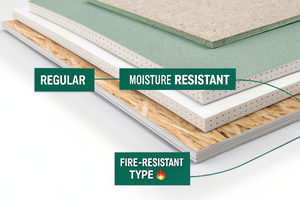Different types of gypsum board A display showing different types of gypsum board with colored paper